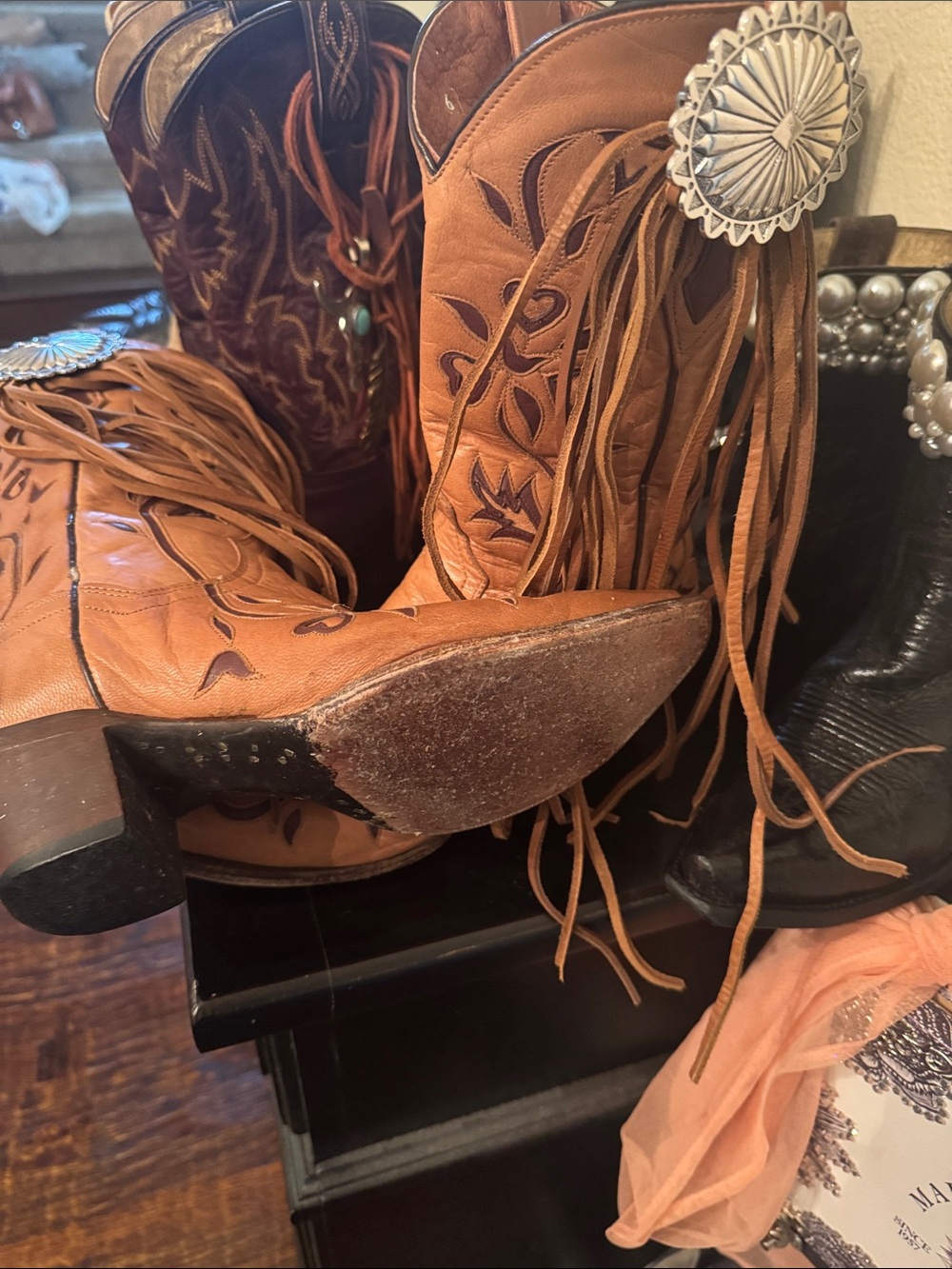 Dan Post Tan Leather Fringe Heeled Cowboy Boots - Picture 5 of 5